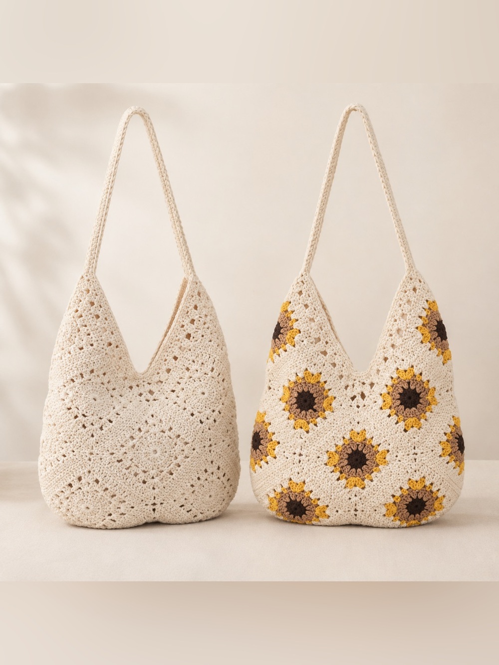 Handmade Crochet Cream Sunflower Tote Bag - Boho Beach Shoulder Bag